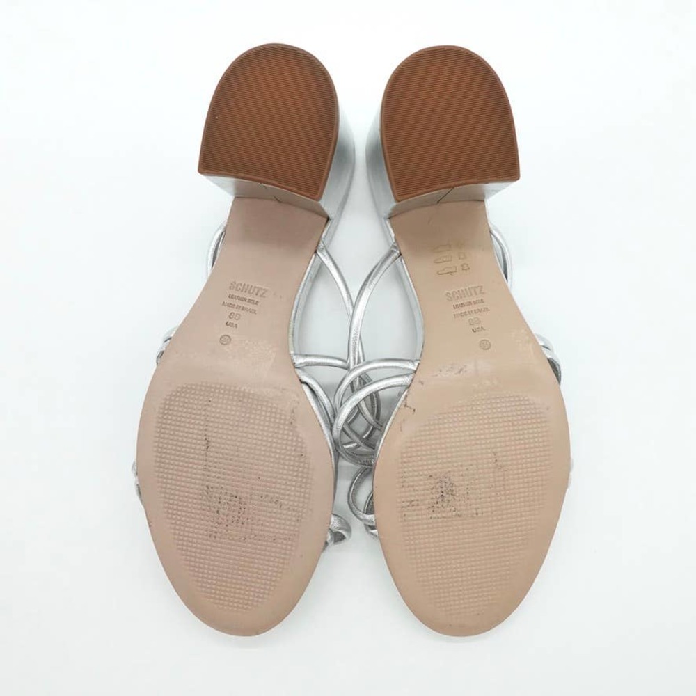 SCHUTZ Princey Strappy Sandal Womens 8 Silver Knotted Block Heel Slide Slip On - Picture 8 of 12